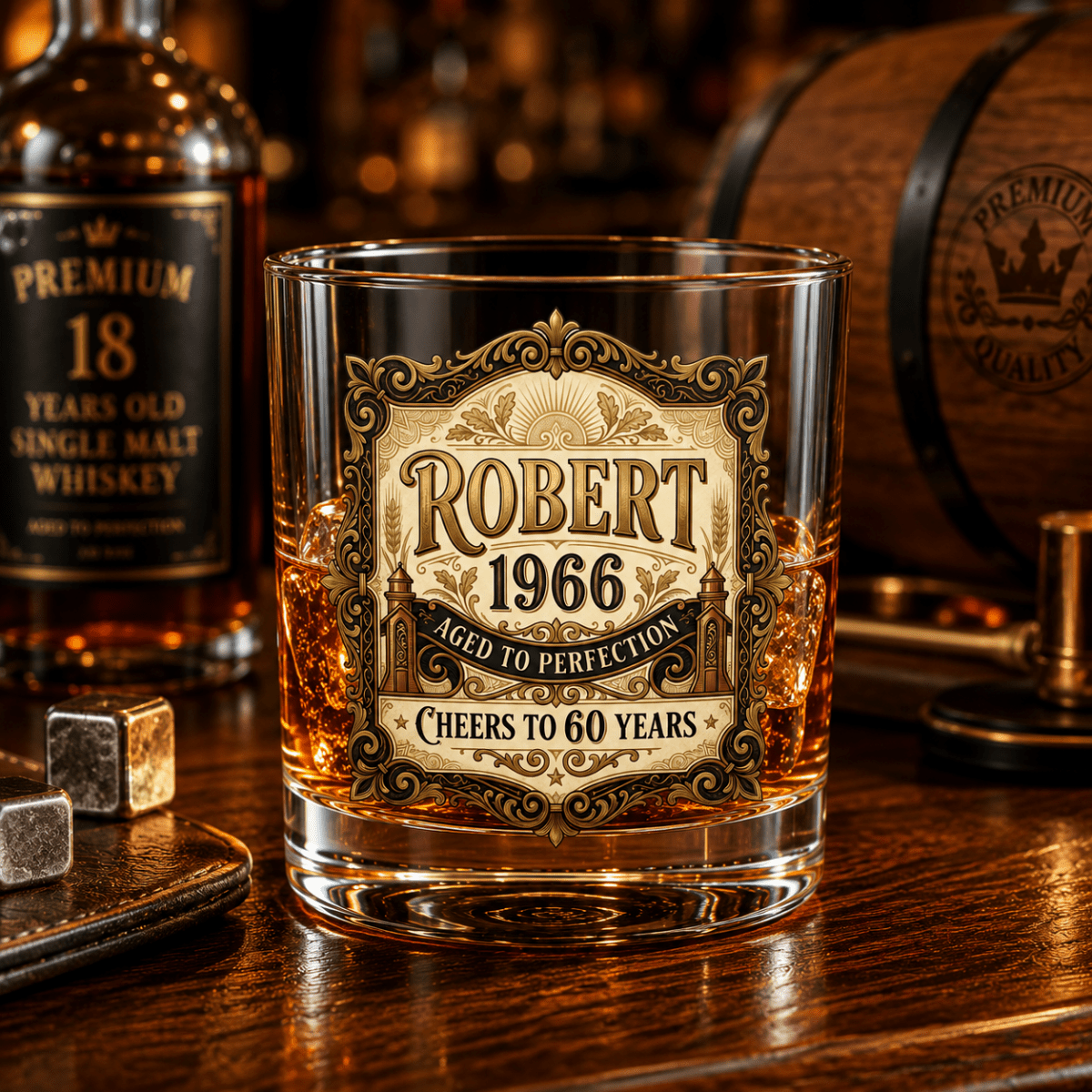 60th Birthday Gift For Men – Custom Printed "Aged to Perfection" Whiskey Glass - Sipengrave