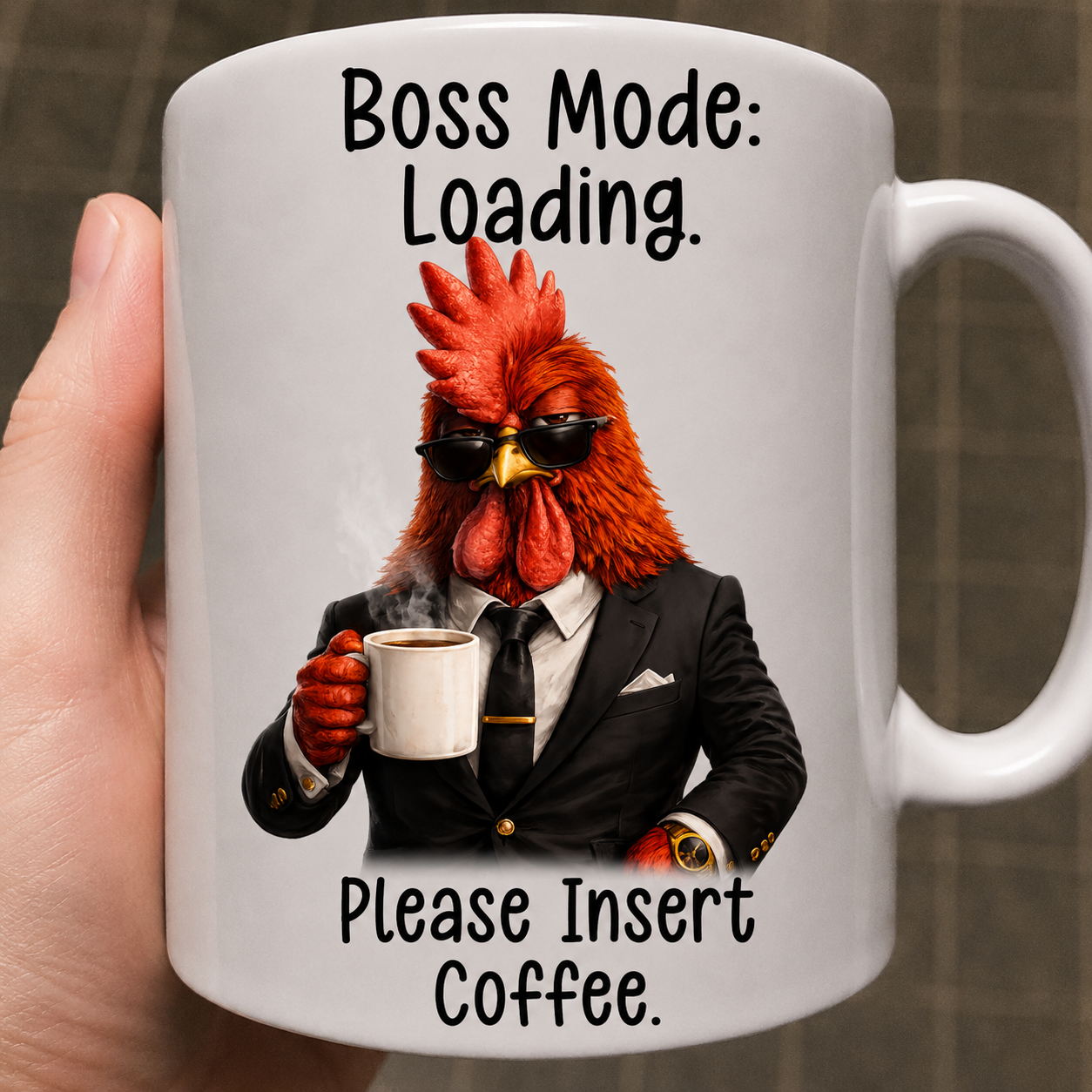 Boss Mode: Loading. Please Insert Coffee. funny coffee mug featuring a grumpy chicken, perfect boss gift for managers, supervisors, and coffee lovers.