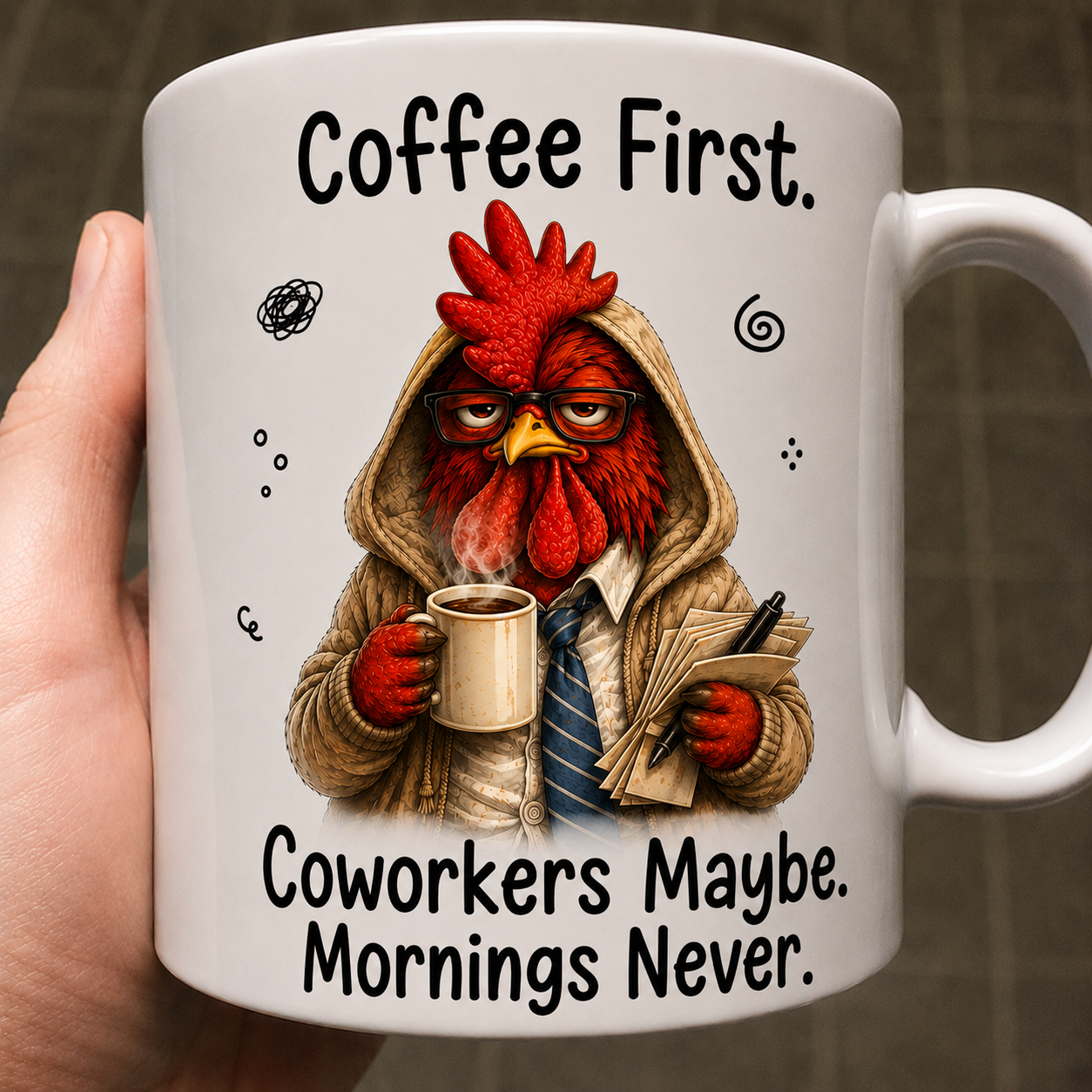 Coffee First. Coworkers Maybe. Mornings Never. funny coffee mug featuring a grumpy chicken, perfect coworker gift for office workers and coffee lovers.