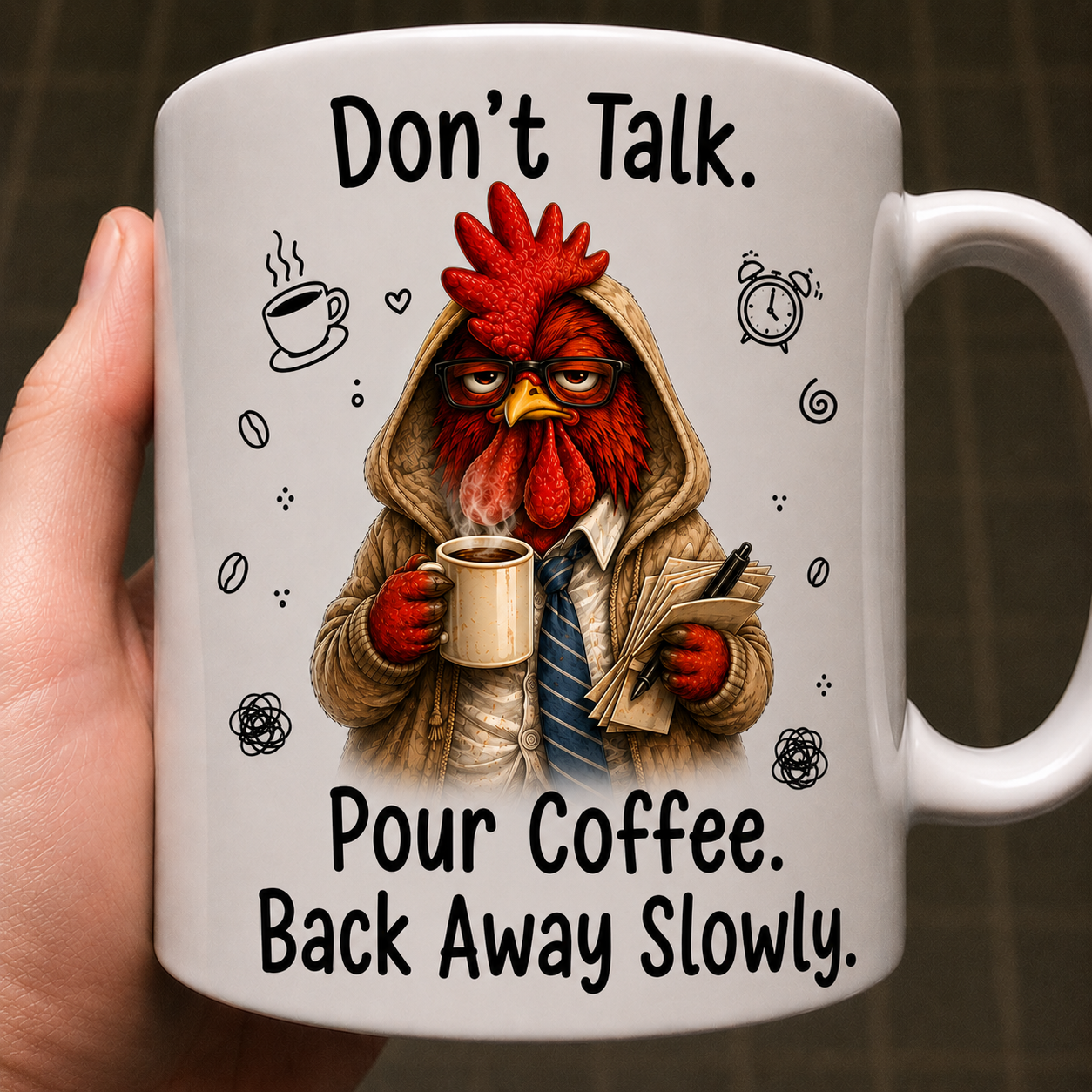 Don't Talk. Pour Coffee. Back Away Slowly. funny coffee mug featuring a grumpy chicken, perfect gift for coffee lovers, coworkers, and anyone who hates mornings.