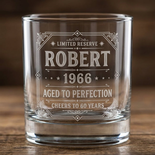 Engraved 60th Birthday Gift – Custom "Limited Reserve" Whiskey Glass - Sipengrave