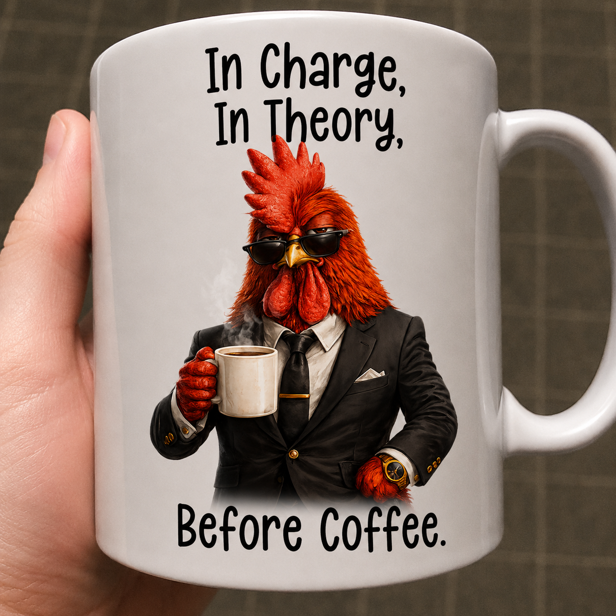 Funny boss mug gift featuring a rooster in a suit with quote In Charge In Theory Before Coffee