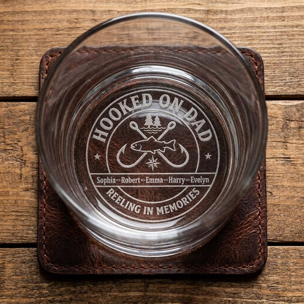 "Hooked on Dad" Personalized Fishing Gift for Dad – Engraved Whiskey Glass - Sipengrave
