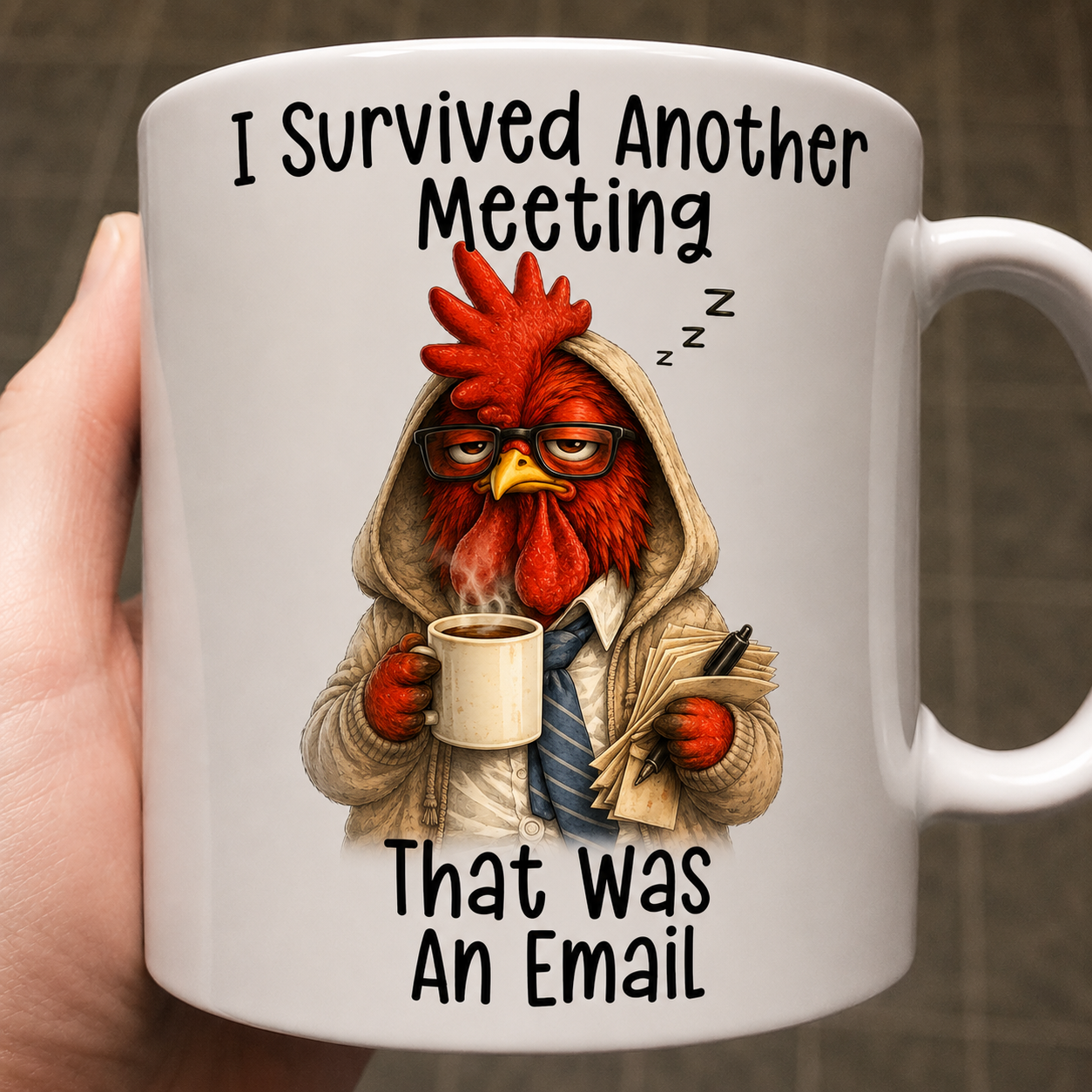 I Survived Another Meeting That Was An Email funny coffee mug featuring a grumpy chicken, perfect coworker gift for office workers and coffee lovers.