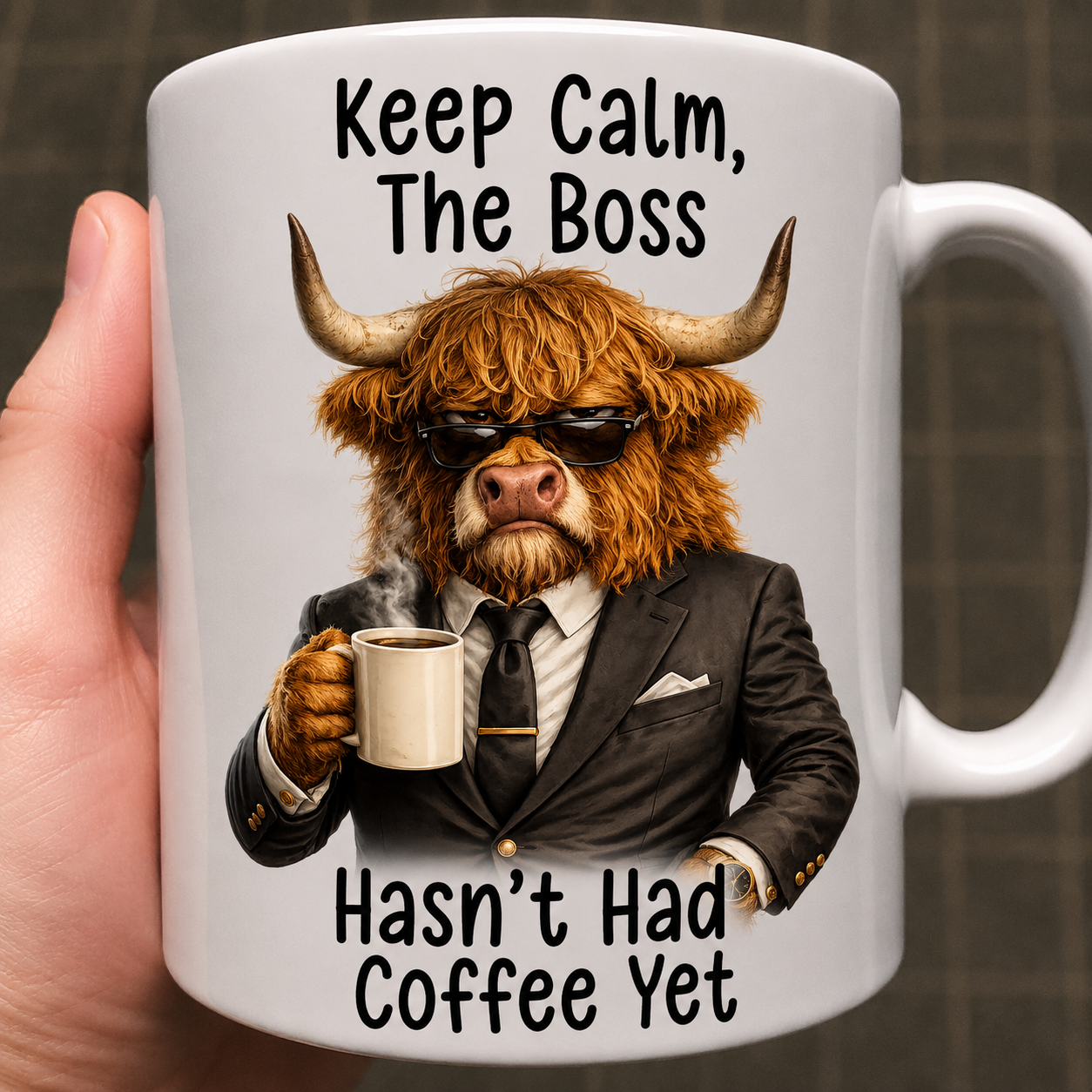 Keep Calm, The Boss Hasn't Had Coffee Yet funny coffee mug featuring a grumpy chicken, perfect boss gift and coworker mug for coffee lovers.