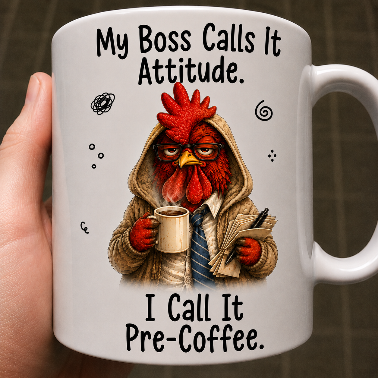 My Boss Calls It Attitude. I Call It Pre-Coffee. funny coffee mug featuring a grumpy chicken, perfect coworker gift for office workers and coffee lovers.