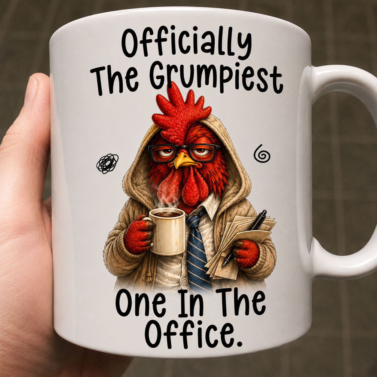 Officially The Grumpiest One In The Office funny coffee mug featuring a grumpy chicken, perfect office coworker gift for coffee lovers.