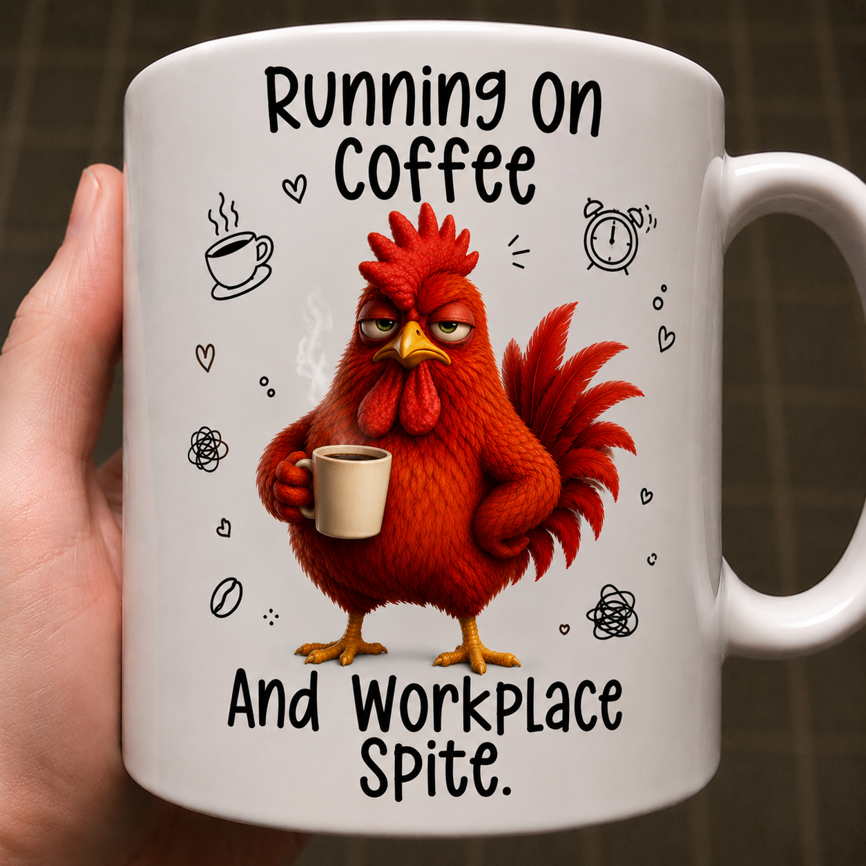 Running On Coffee And Workplace Spite funny coffee mug featuring a grumpy chicken, perfect office coworker gift for coffee lovers.
