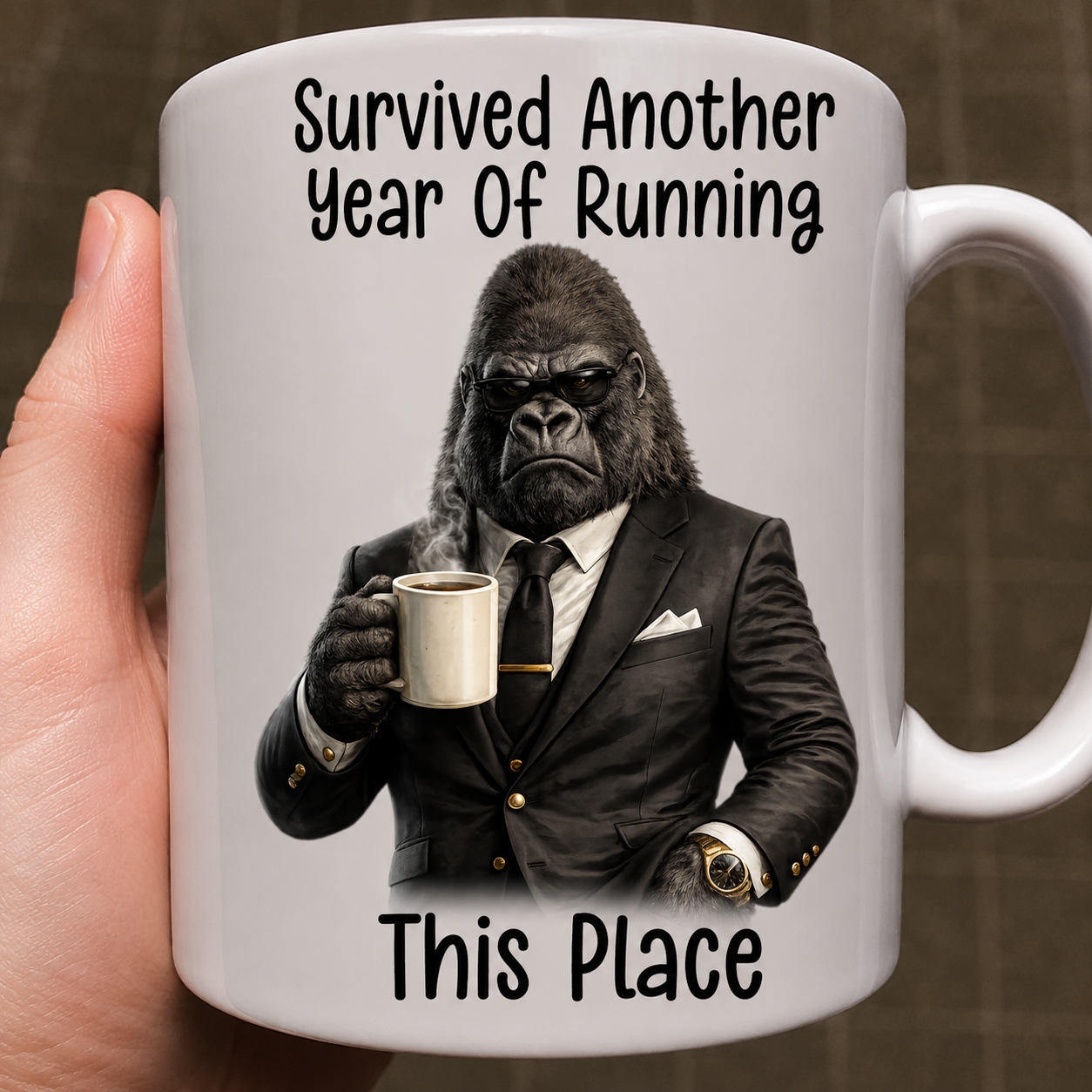 Survived Another Year Of Running This Place funny coffee mug featuring a grumpy chicken, perfect boss birthday gift for managers, supervisors, and office leaders.