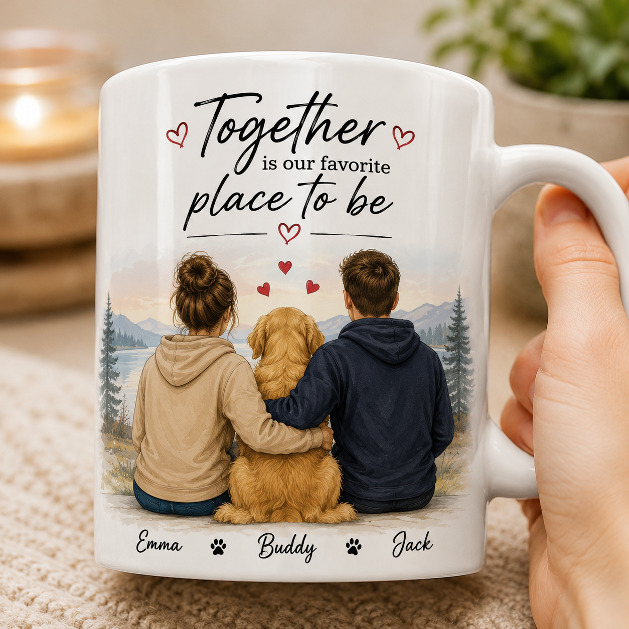 Couple and dog mug with a photo of two people and their dog – SipEngrave