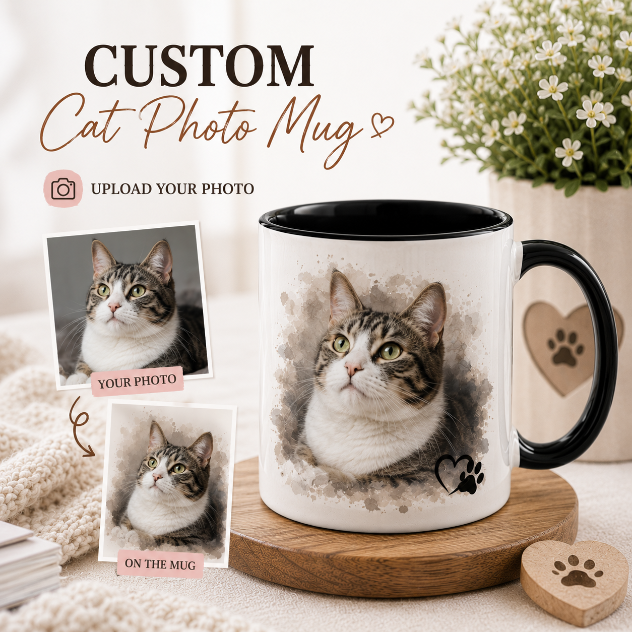 Custom cat photo mug printed with a cat's face and name in full color – SipEngrave