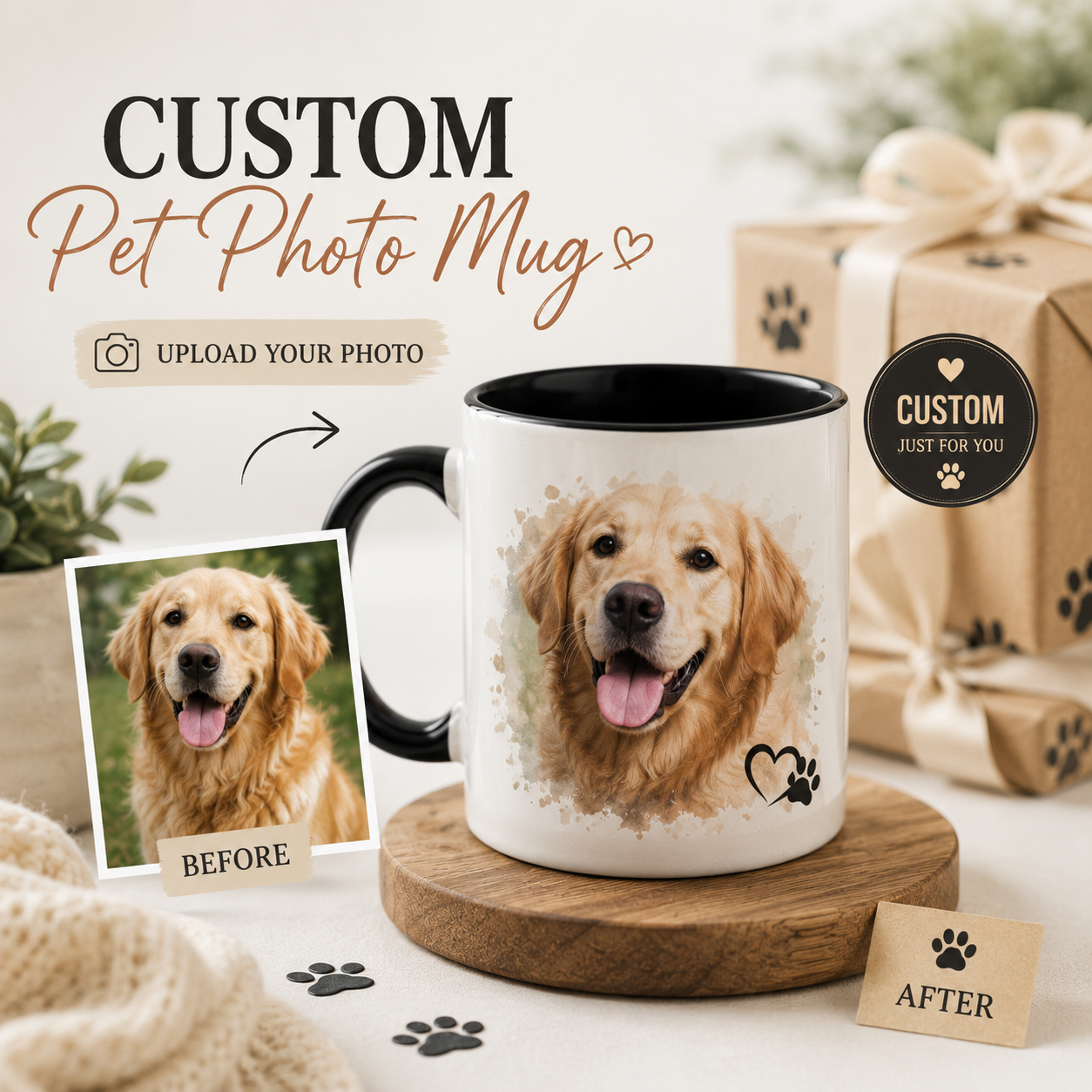 Custom dog photo mug printed with a dog's face and name in full color – SipEngrave