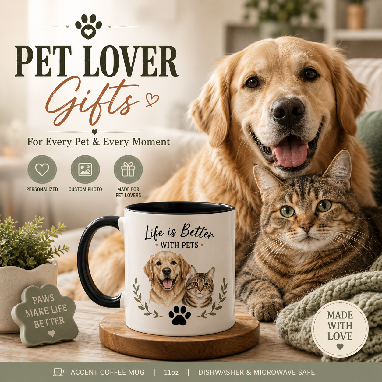 Pet lover gift mug personalized with a dog or cat photo and name – SipEngrave