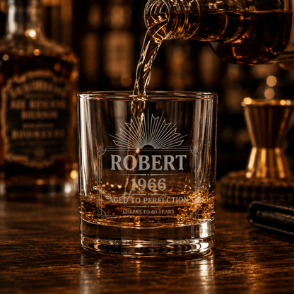 60th Birthday Gift For Men – Custom "Aged to Perfection" Whiskey Glass - Sipengrave