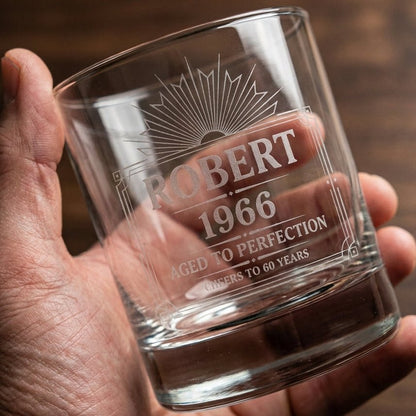 60th Birthday Gift For Men – Custom "Aged to Perfection" Whiskey Glass - Sipengrave