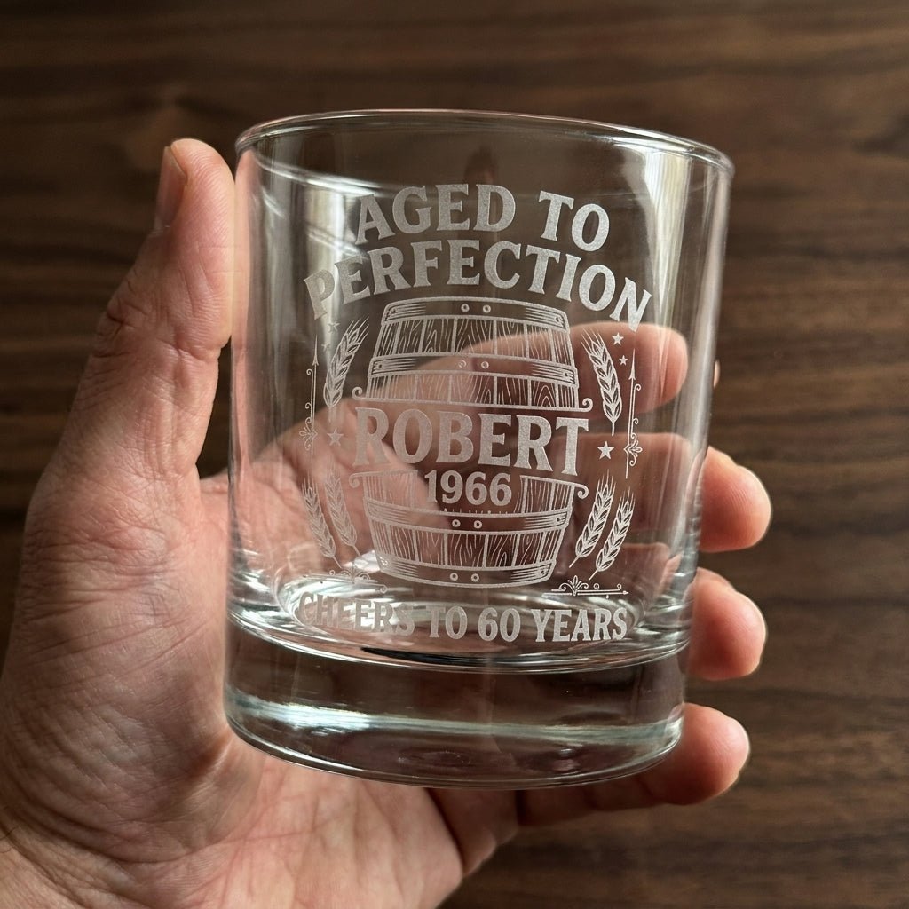 60th Birthday Gift For Men – Custom "Aged to Perfection" Whiskey Glass - Sipengrave