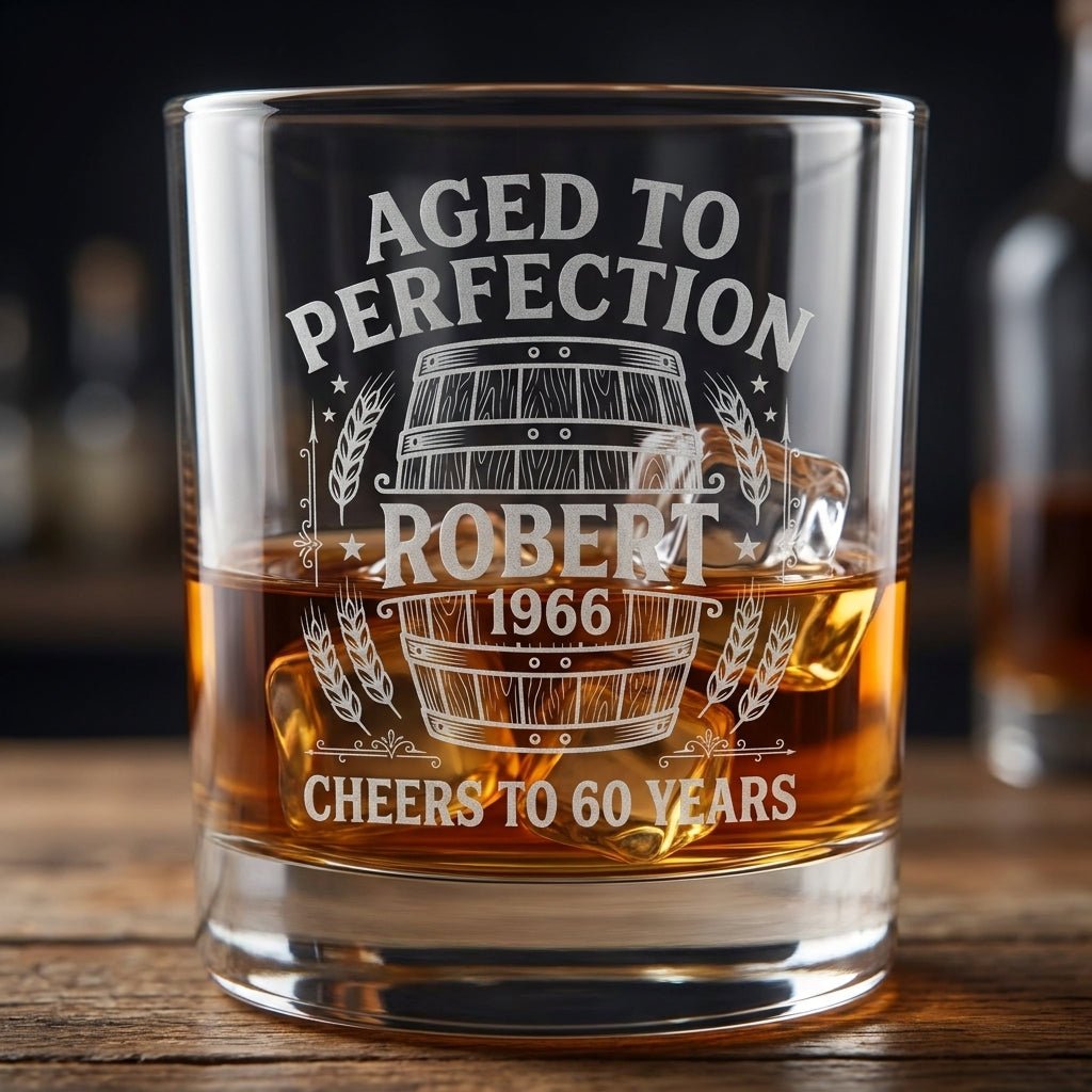 60th Birthday Gift For Men – Custom "Aged to Perfection" Whiskey Glass - Sipengrave