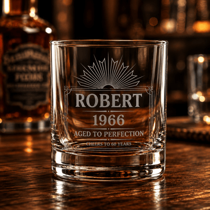 60th Birthday Gift For Men – Custom "Aged to Perfection" Whiskey Glass - Sipengrave