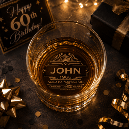 60th Birthday Gift For Men – Custom "Aged to Perfection" Whiskey Glass - Sipengrave