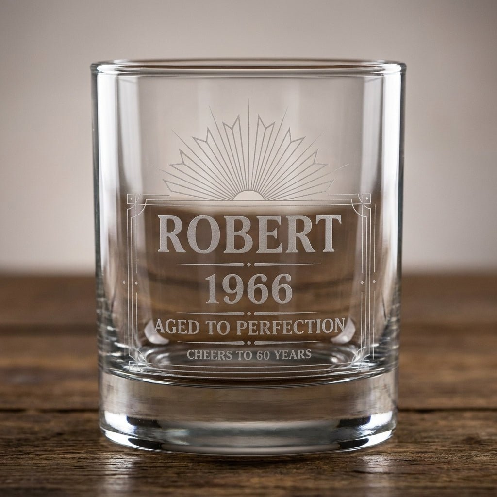 60th Birthday Gift For Men – Custom "Aged to Perfection" Whiskey Glass - Sipengrave