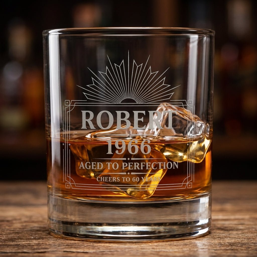 60th Birthday Gift For Men – Custom "Aged to Perfection" Whiskey Glass - Sipengrave
