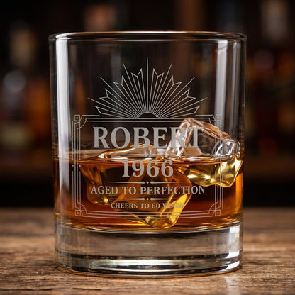 60th Birthday Gift For Men – Custom "Aged to Perfection" Whiskey Glass - Sipengrave