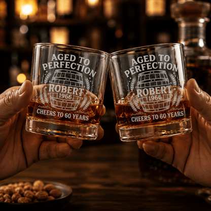 60th Birthday Gift For Men – Custom "Aged to Perfection" Whiskey Glass - Sipengrave