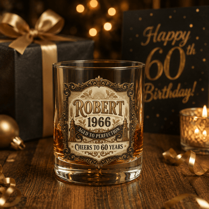 60th Birthday Gift For Men – Custom Printed "Aged to Perfection" Whiskey Glass - Sipengrave