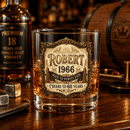 60th Birthday Gift For Men – Custom Printed "Aged to Perfection" Whiskey Glass - Sipengrave