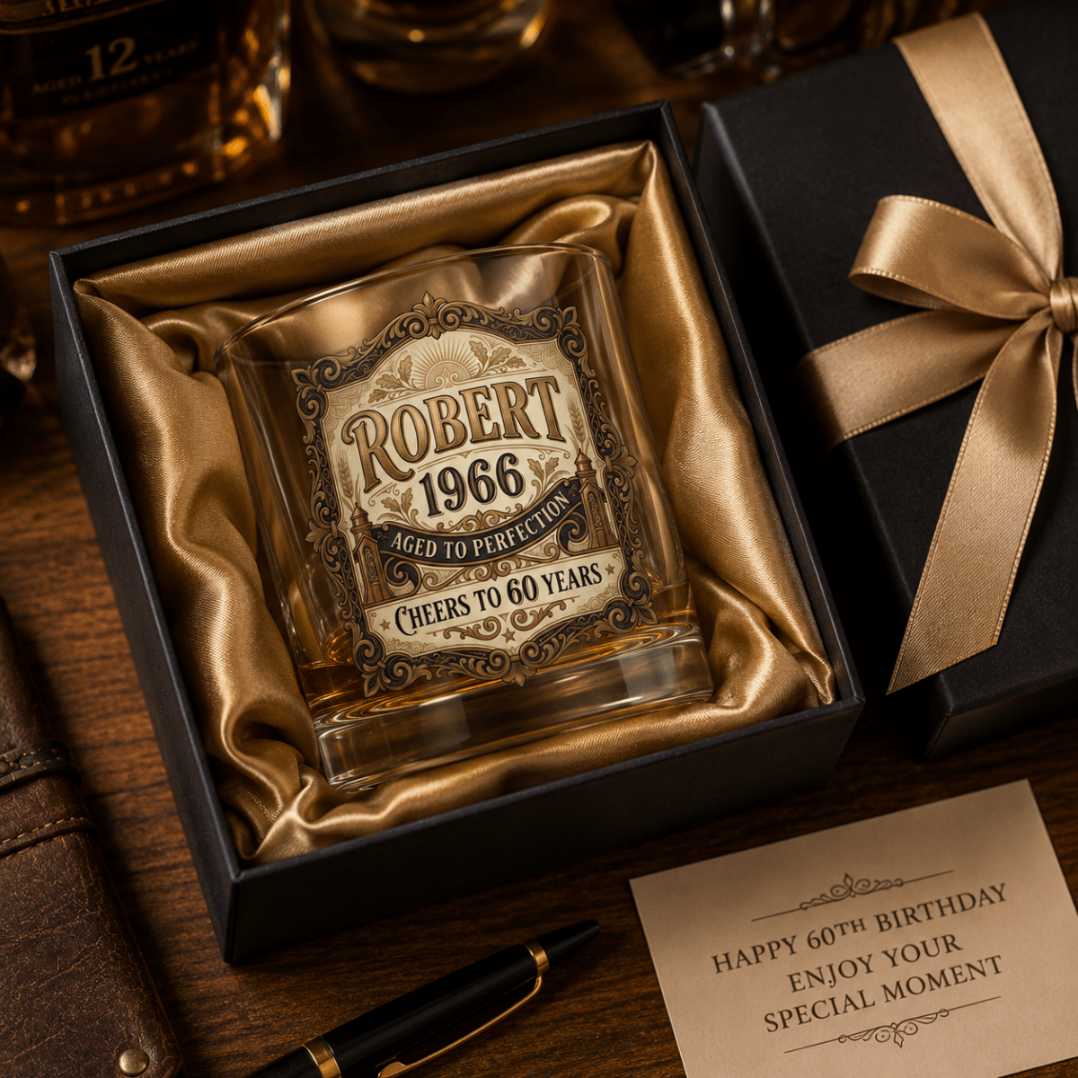 60th Birthday Gift For Men – Custom Printed "Aged to Perfection" Whiskey Glass - Sipengrave