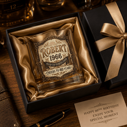 60th Birthday Gift For Men – Custom Printed "Aged to Perfection" Whiskey Glass - Sipengrave