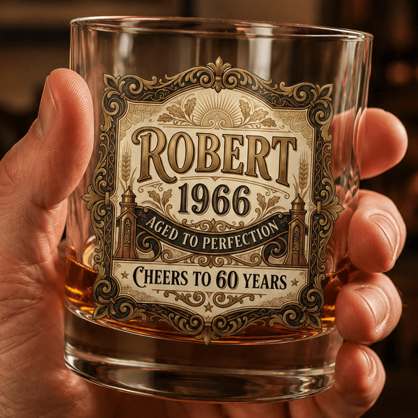 60th Birthday Gift For Men – Custom Printed "Aged to Perfection" Whiskey Glass - Sipengrave