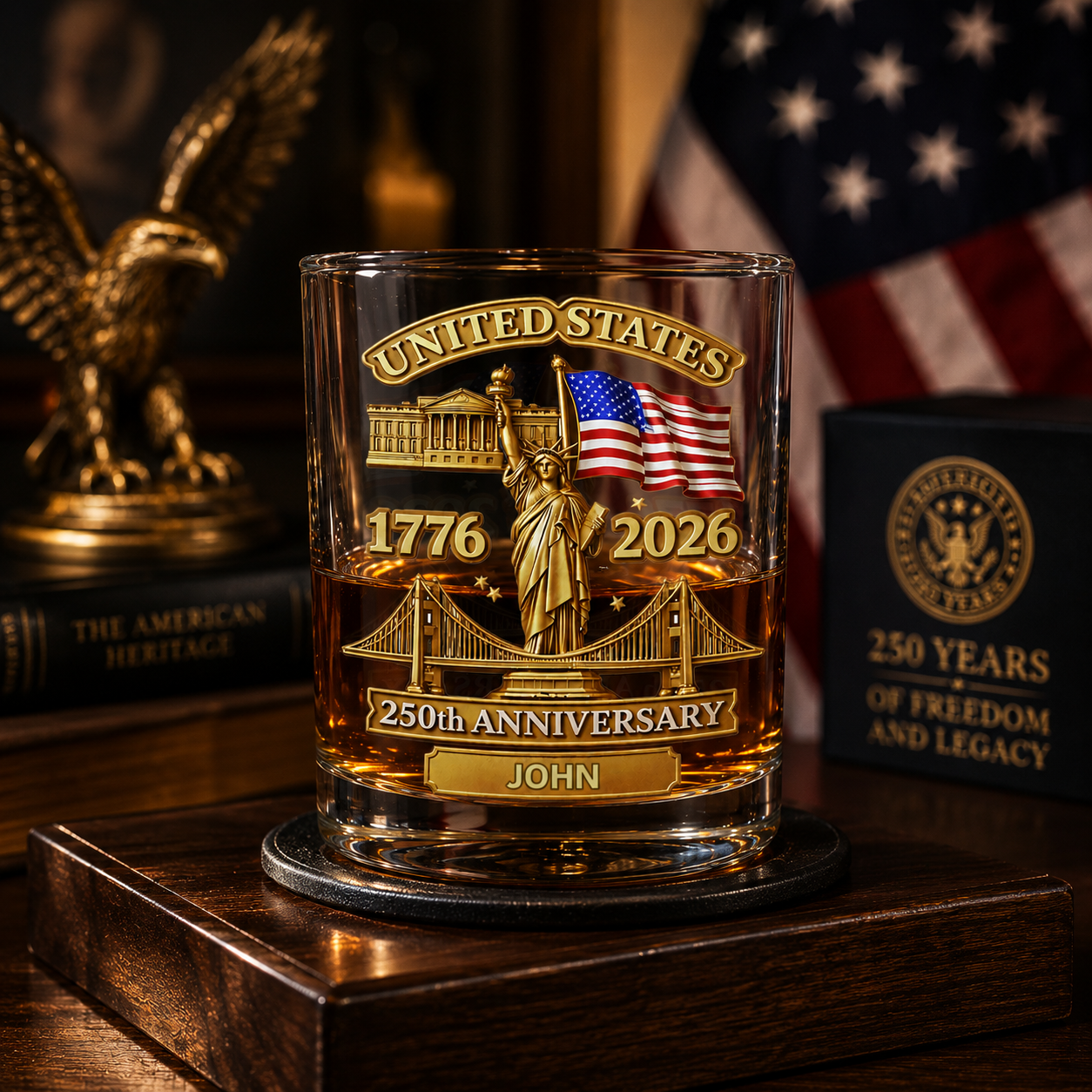 USA 250th Anniversary Whiskey Glass – Custom Name Gift