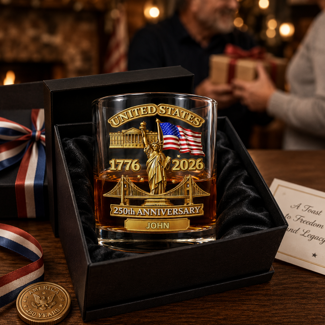 USA 250th Anniversary Whiskey Glass – Custom Name Gift