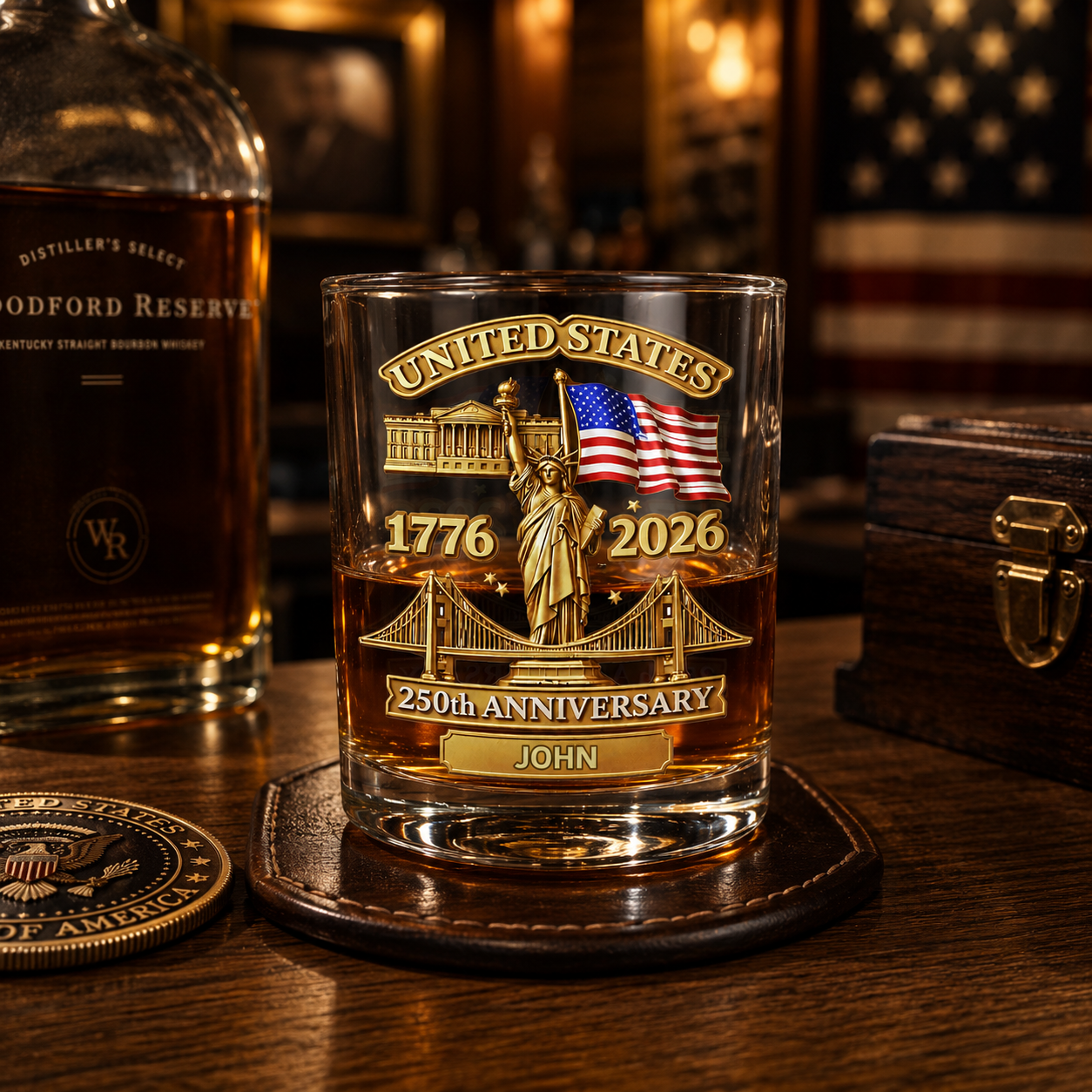 USA 250th Anniversary Whiskey Glass – Custom Name Gift