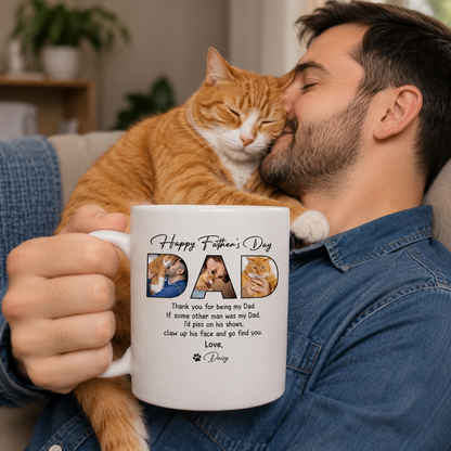 Custom ceramic coffee mug featuring a personalized cat photo for cat lovers, perfect as a gift for cat dads.