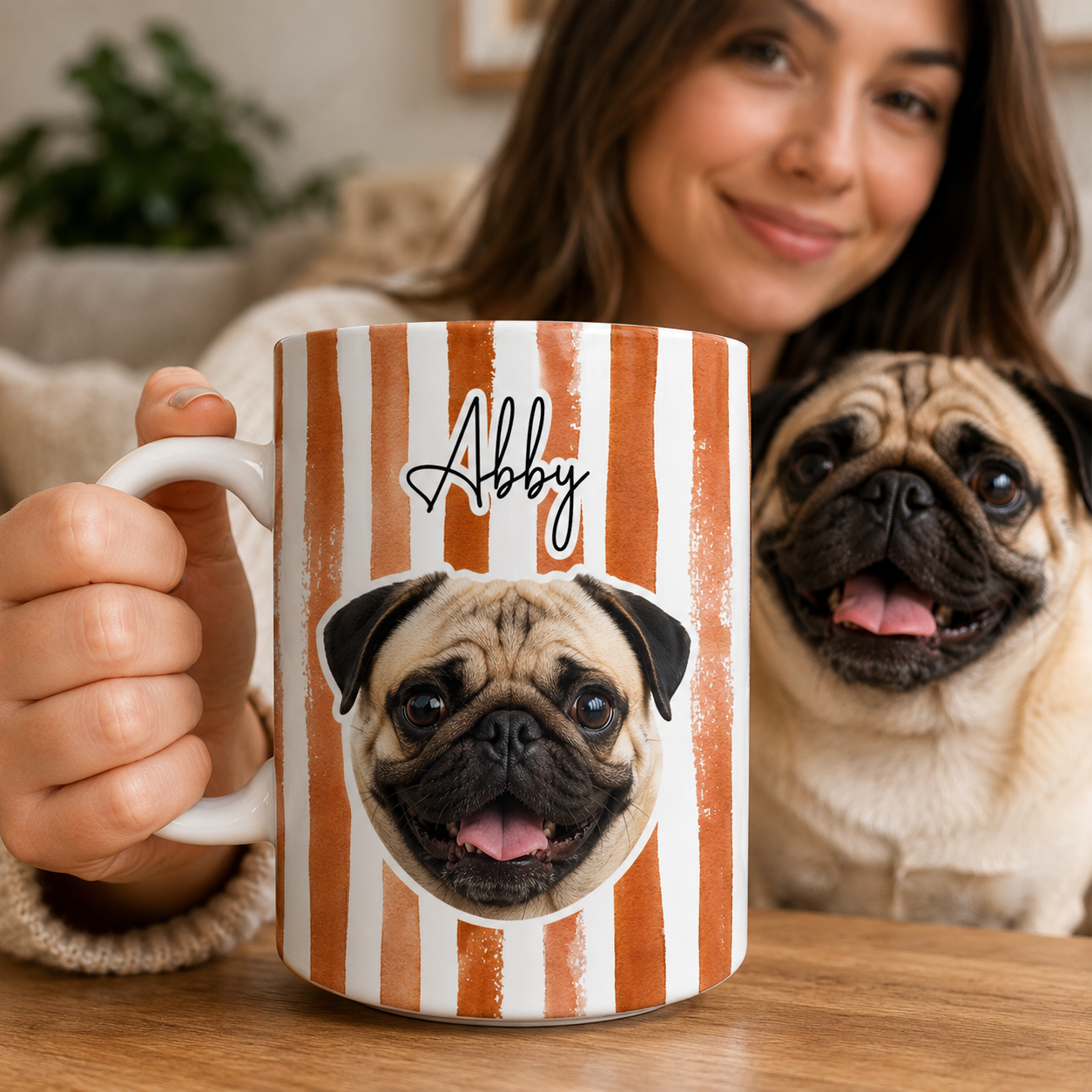 Personalized Sipengrave coffee mug with custom pet portrait of a dog or cat, featuring detailed pet illustration on a ceramic mug.