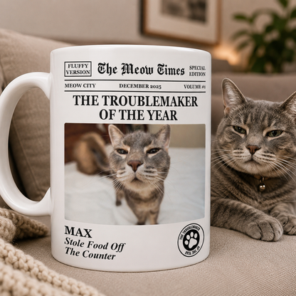 Custom Sipengrave cat photo mug featuring a personalized cat portrait on a ceramic coffee mug.