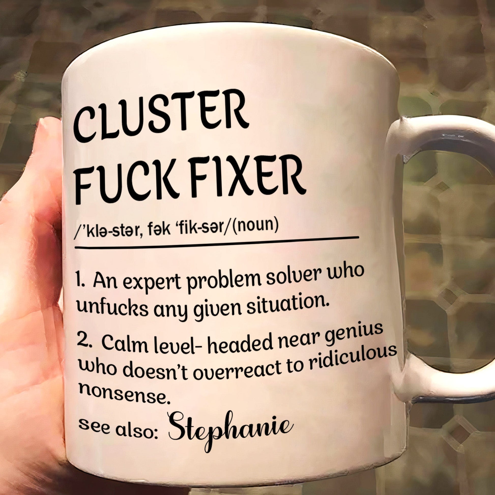 Personalized funny coworker mug with custom name and problem solver definition design