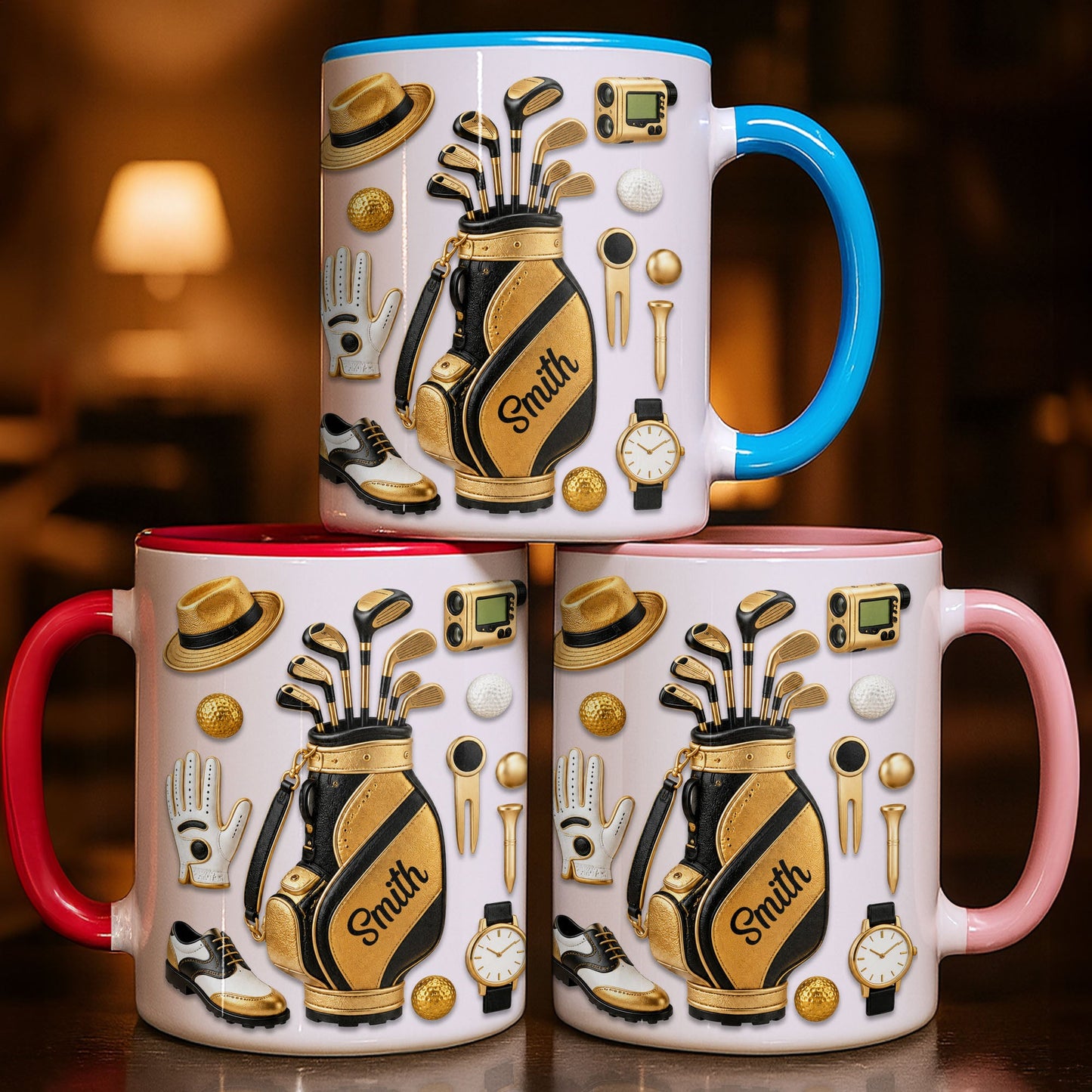 Golf Lovers Professional Bag And Gold Equipment 3D Effect - Personalized Custom Accent Mug - GOLF032_AMUG