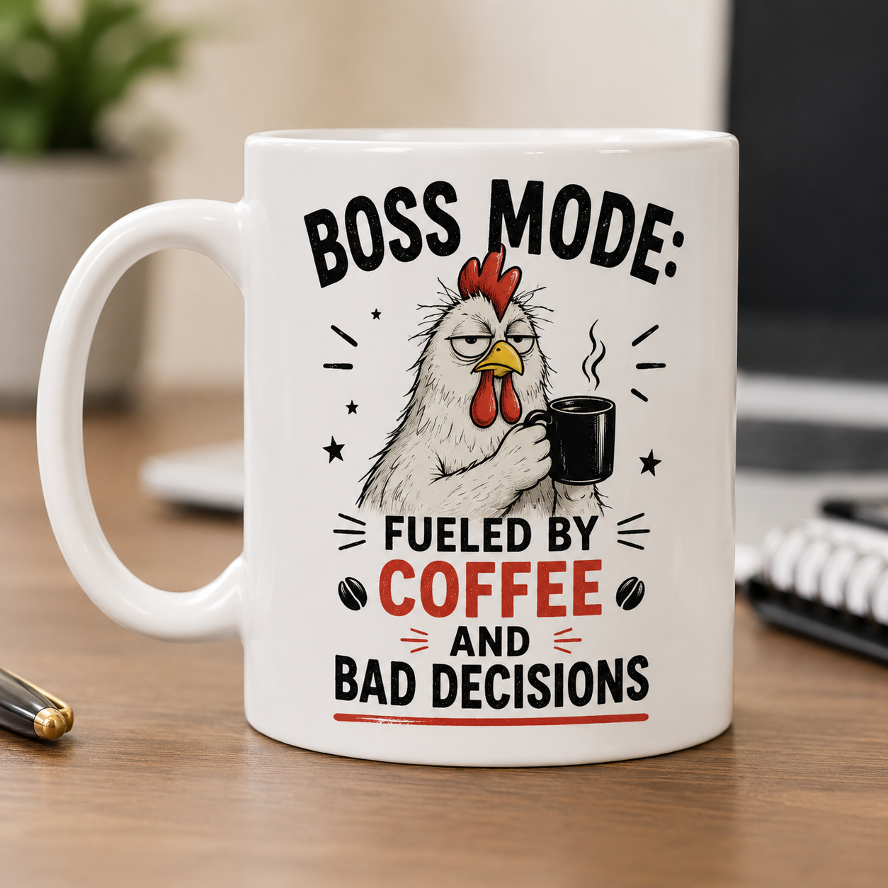 Funny boss coffee mug with rooster design by Sipengrave