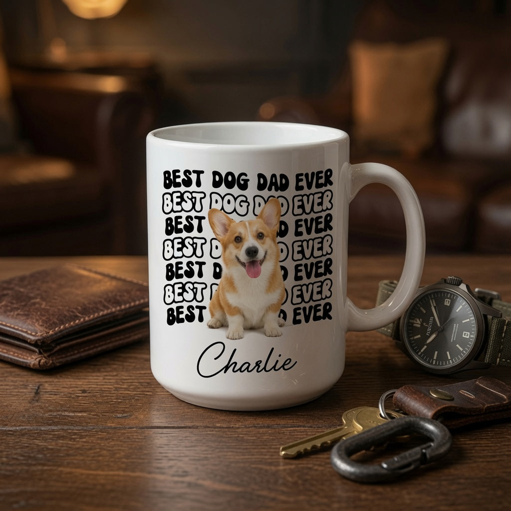 Best Dog Dad personalized mug lifestyle mockup with Corgi photo