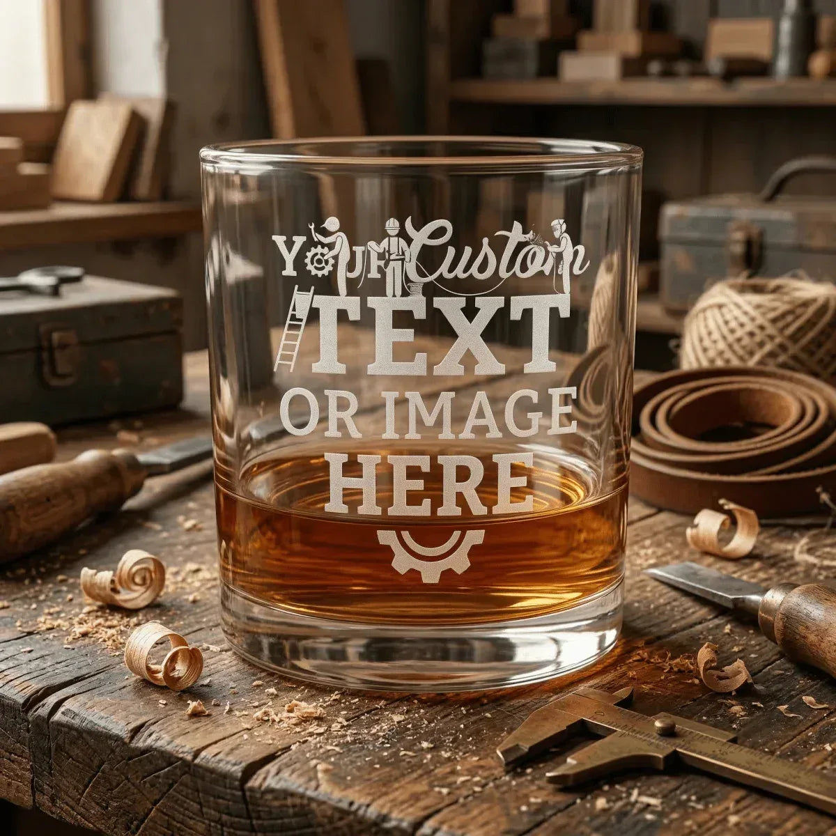 Custom engraved whiskey glass with personalized text on wooden table with whiskey bottle and bar accessories.