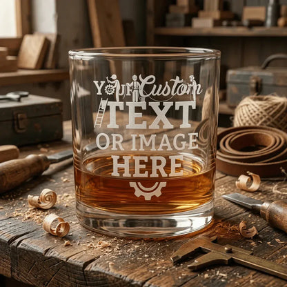 Custom engraved whiskey glass with personalized text on wooden table with whiskey bottle and bar accessories.