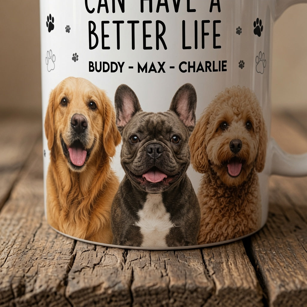 Personalized dog mug close up with custom dog portraits