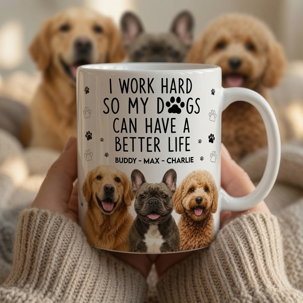 Custom pet mug held in hands with dogs in background