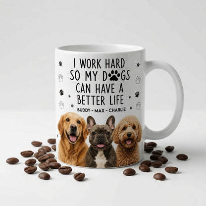 Custom dog mug with personalized dog names and breeds