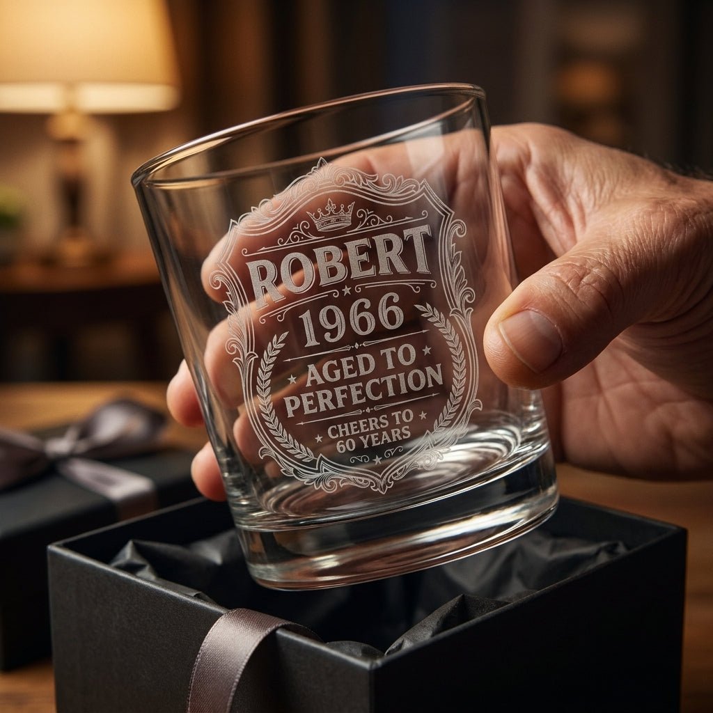 Engraved 60th Birthday Gift – Custom "Aged to Perfection" Whiskey Glass - Sipengrave
