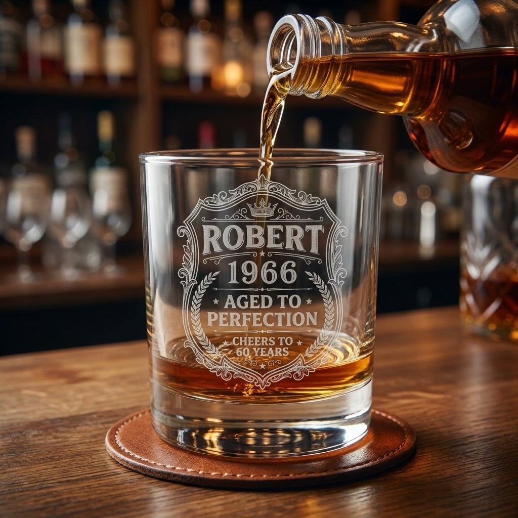 Engraved 60th Birthday Gift – Custom "Aged to Perfection" Whiskey Glass - Sipengrave