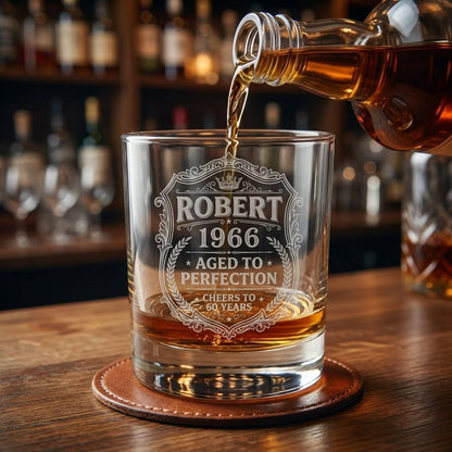 Engraved 60th Birthday Gift – Custom "Aged to Perfection" Whiskey Glass - Sipengrave
